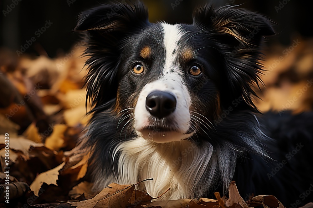 Face of black and white border collie in autumn park, border collie close-up portrait. Face of black and white border collie in autumn park, border collie close-up portrait.