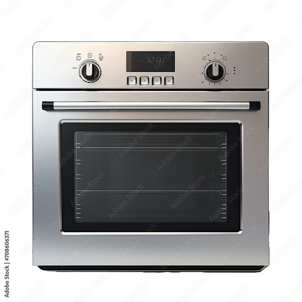 Fototapeta premium A Built. in Oven With a Digital Display Awaiting Baking.. Isolated on a Transparent Background. Cutout PNG.