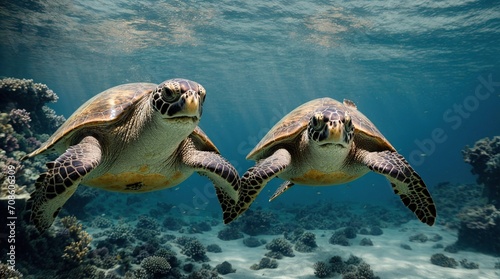 Two turtle in the crystial blue water  gliding in water