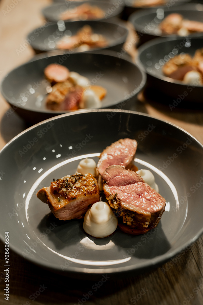 Fototapeta premium Gourmet roasted duck breast fillet with potato puree