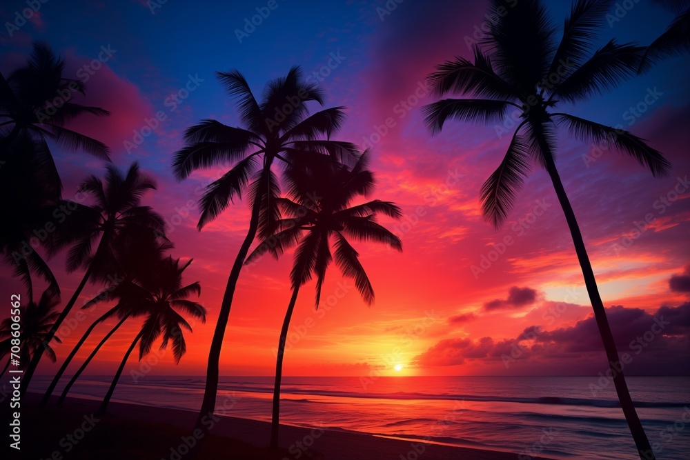 Tropical Beach Sunset, Palm Trees Silhouetted Against Evening Sky, Ideal for Centered Text Placement
