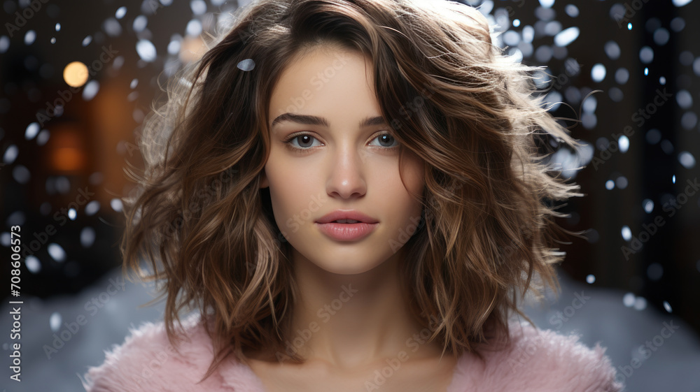 Winter Elegance: Radiant Beauty in Snowfall - Young Woman Embracing Cold Weather with Style, Festive Winter Background - Hair Care in Winter Campaign - AI Generated Winter Elegance: Radiant Beauty in Snowfall - Young Woman Embracing Cold Weather with Style, Festive Winter Background - Hair Care in Winter Campaign - AI Generated