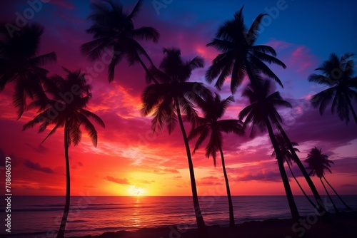 Tropical Beach Sunset, Palm Trees Silhouetted Against Evening Sky, Ideal for Centered Text Placement © panumas
