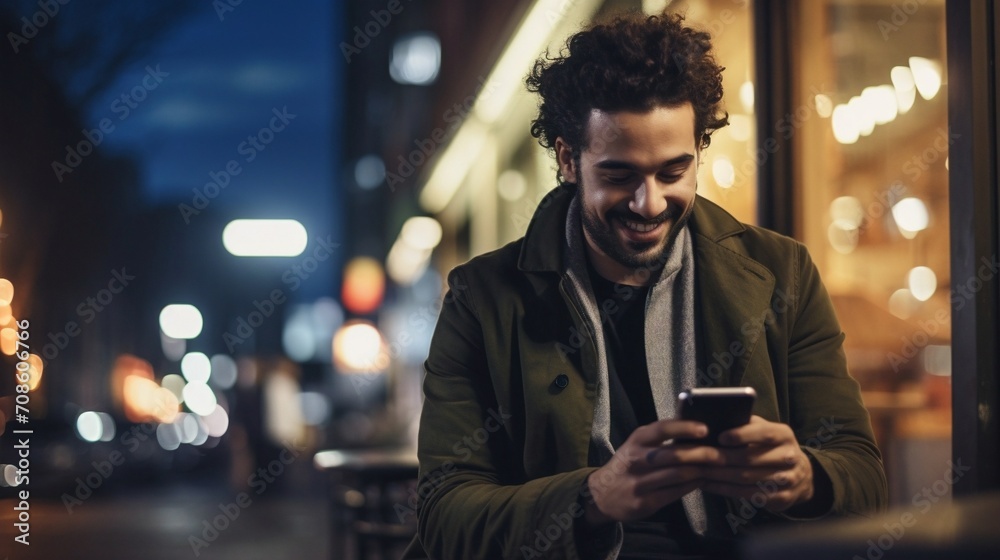 handsome young man texting and using his mobile smartphone and smiling outside on a city street. blurry background. late in the night.