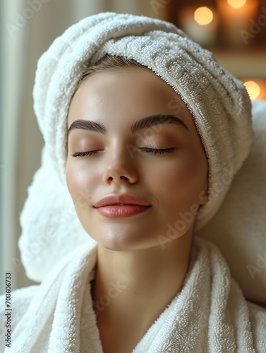 Happy beautiful young woman with white towel turban on head relaxing and enjoying facial treatment