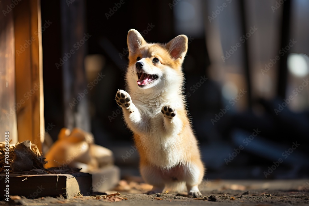 Corgi dog raised its front paws up, autumn background and corgi dog.