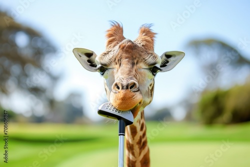 Giraffe with a golf putter in mouth