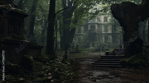 Eerie haunted trail leading to a dilapidated mansion