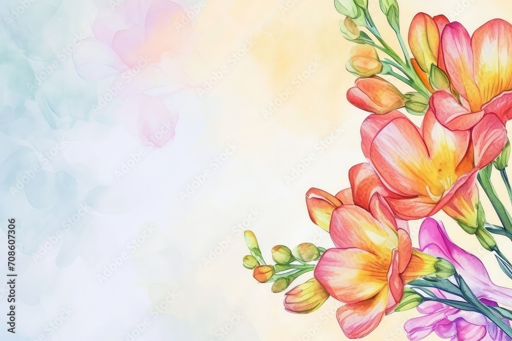 Freesia: Symbolizes trust and thoughtfulness, valentine theme, watercolor, copy space.