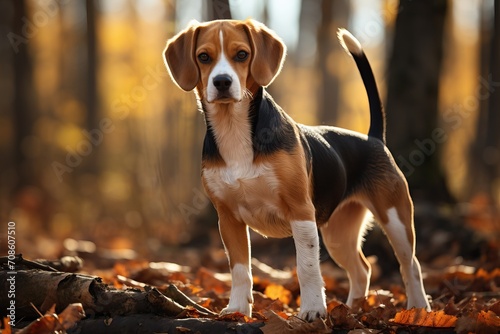 A little beagle walks through the autumn forest © Niko_Dali