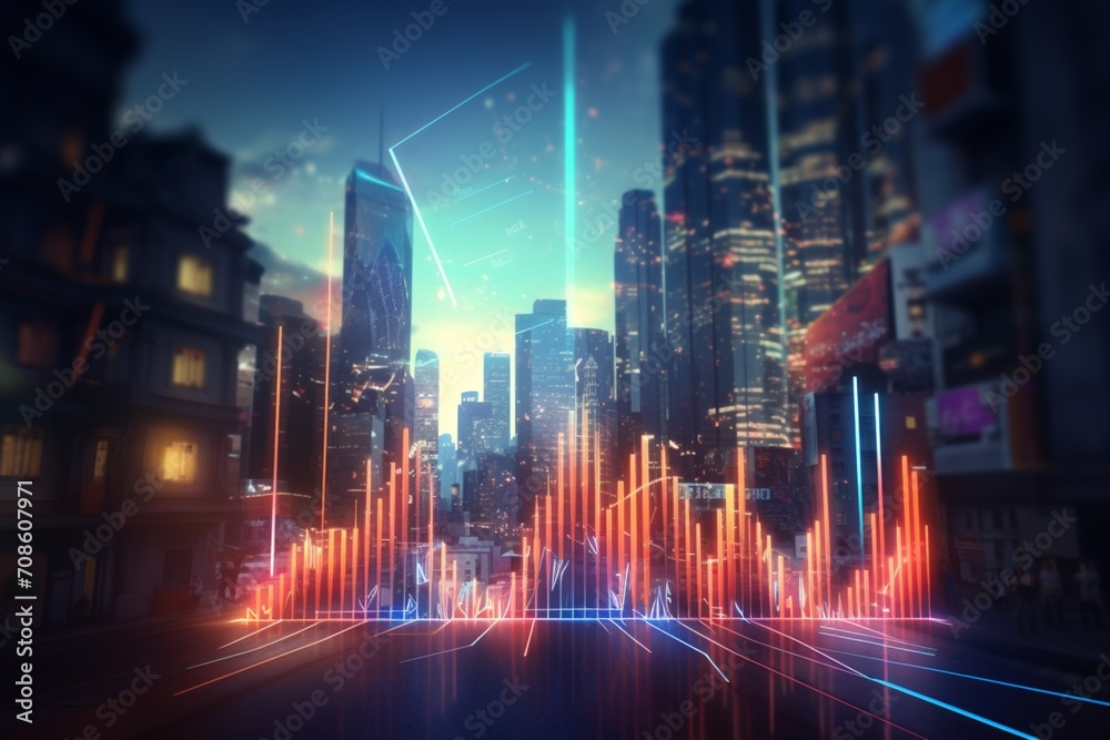 Immerse yourself in a futuristic backdrop featuring a colorful growing business stocks arrow graph.
