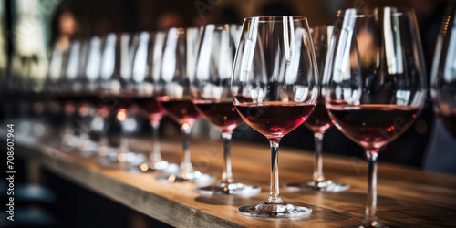 Red Wine in Elegant Wineglasses on a Wooden Table at a Luxury Winery Bar