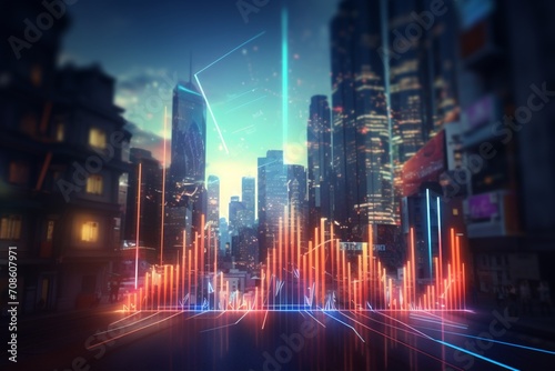 Immerse yourself in a futuristic backdrop featuring a colorful growing business stocks arrow graph.
