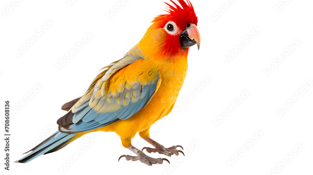 A vibrant parrot perches on a branch, its colorful feathers of yellow and orange contrasting against its fiery red head, showcasing the diverse beauty of wildlife