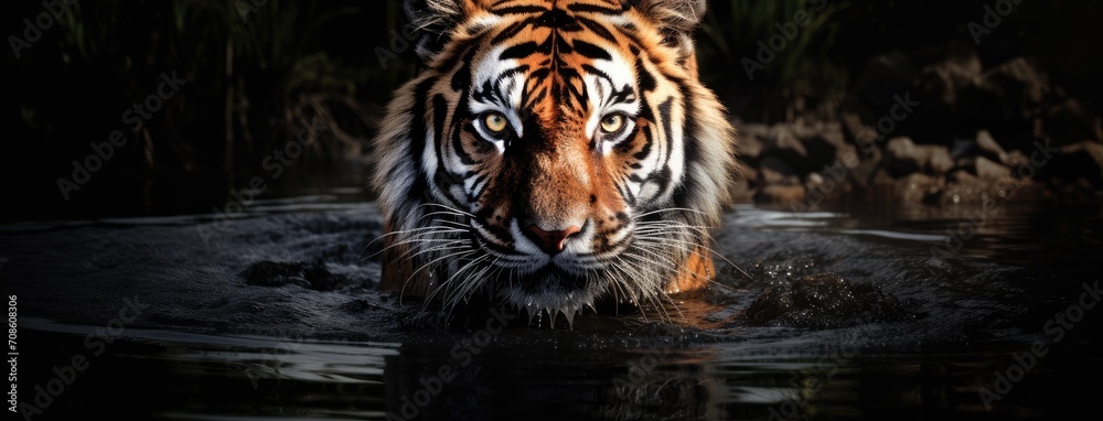 Fototapeta premium an Amur tiger walking gracefully in the water, a minimalist modern style to emphasize the wild cat's natural habitat, capturing the essence of its beauty and power with simplicity.