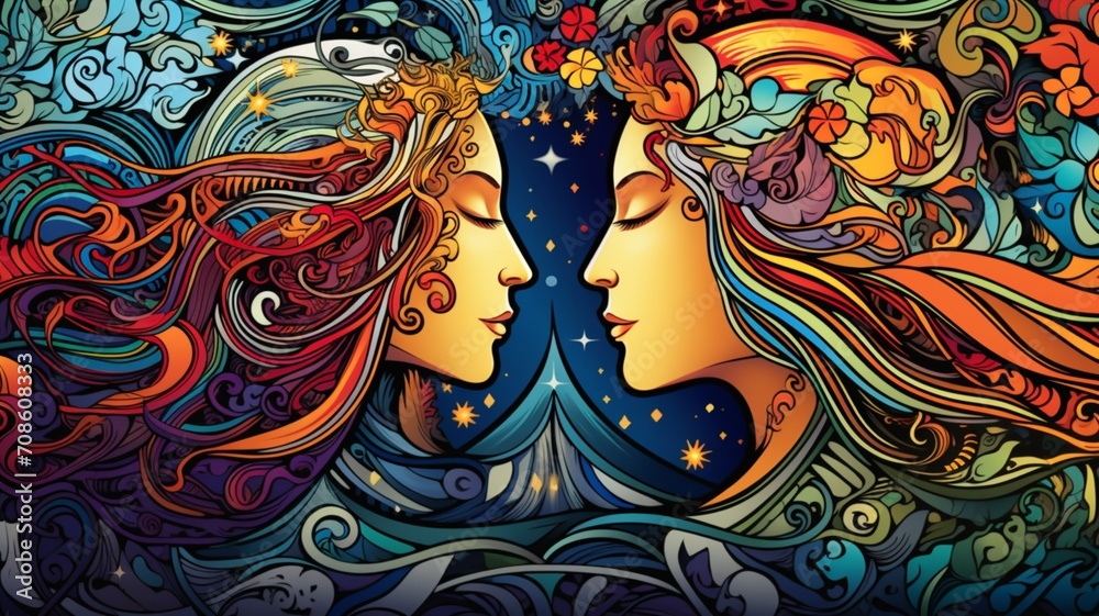 Backdrop sacred zodiac gemini symbols astrology alchemy magic image Ai generated art Backdrop sacred zodiac gemini symbols astrology alchemy magic image Ai generated art