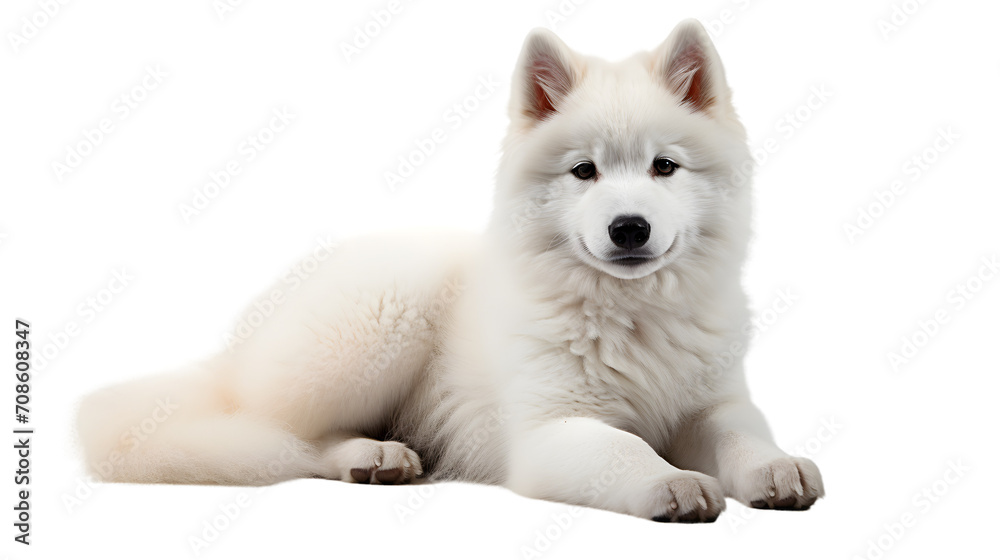 A serene husky puppy basks in the sunlight, its fluffy white fur blending into the soft grass beneath its snout, embodying the loyal and playful nature of man's best friend