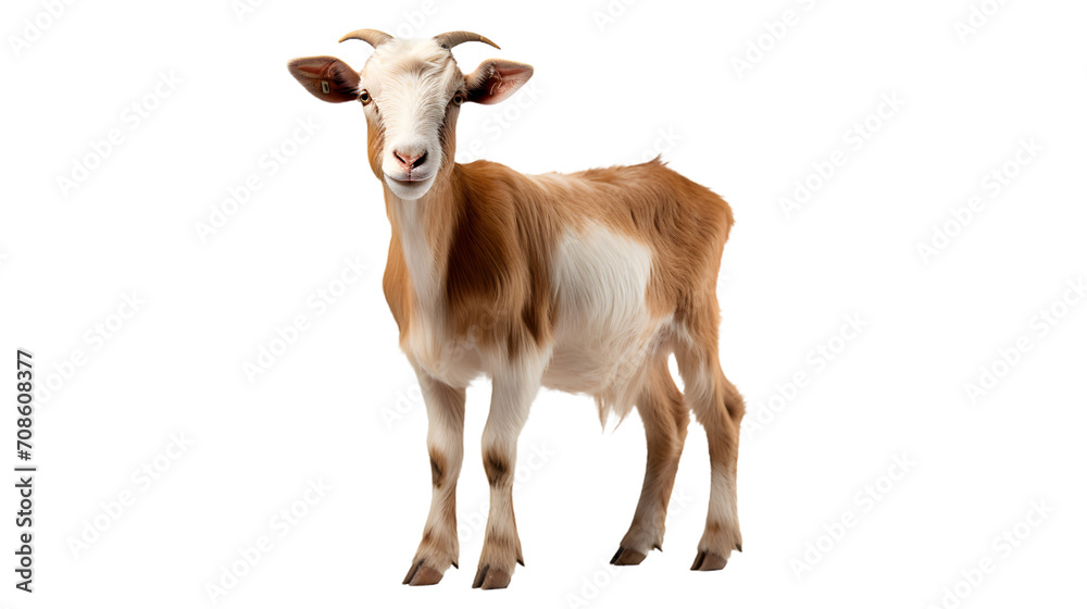 A majestic feral goat with striking brown and white fur stands tall, showcasing its impressive horns and wild spirit as a symbol of resilience and strength in the animal kingdom