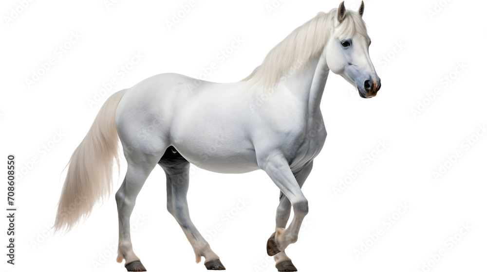 A majestic white mare stands out against a dark and ominous backdrop, her flowing mane and powerful snout embodying the untamed spirit of a wild mustang horse