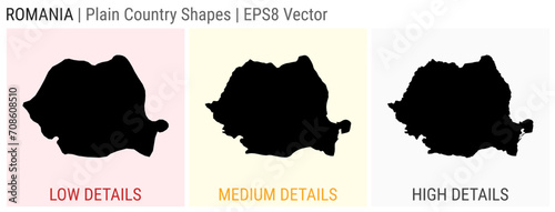 Romania - plain country shapes. Low, medium, and high detailed maps of Romania. EPS8 Vector illustration.