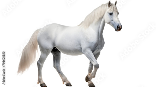 A majestic white mare stands out against a dark and ominous backdrop  her flowing mane and powerful snout embodying the untamed spirit of a wild mustang horse