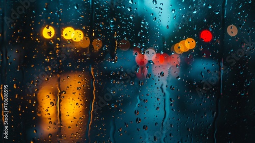 Rain Covered Window With Traffic Lights in the Background