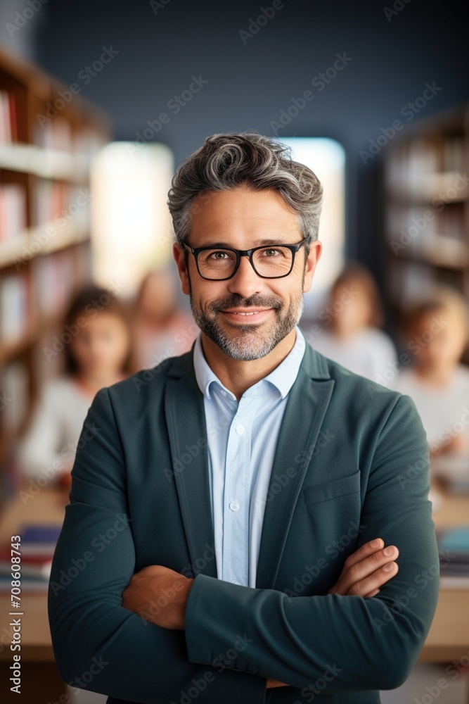 Fototapeta premium Confident male teacher standing in a classroom with students in the background
