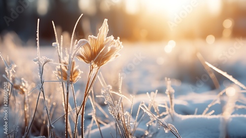An outdoor scene during the winter, with frozen plants with snow-covered ground, lit by the rising sun, Generative AI.