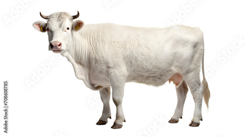 A majestic dairy cow stands tall, its white coat glistening in the sun as its powerful horns signify strength and resilience in the world of bovines