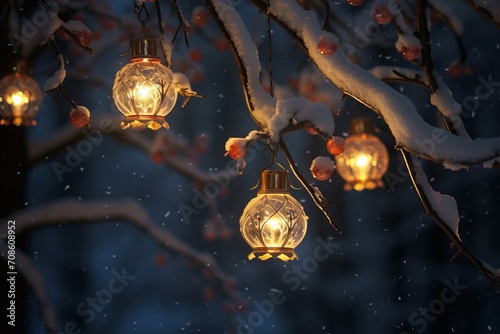 Glowing Christmas decorations softened by a snowy blur photo