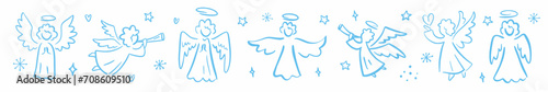 Vector horizontal collection of angels hand-drawn in doodle style.