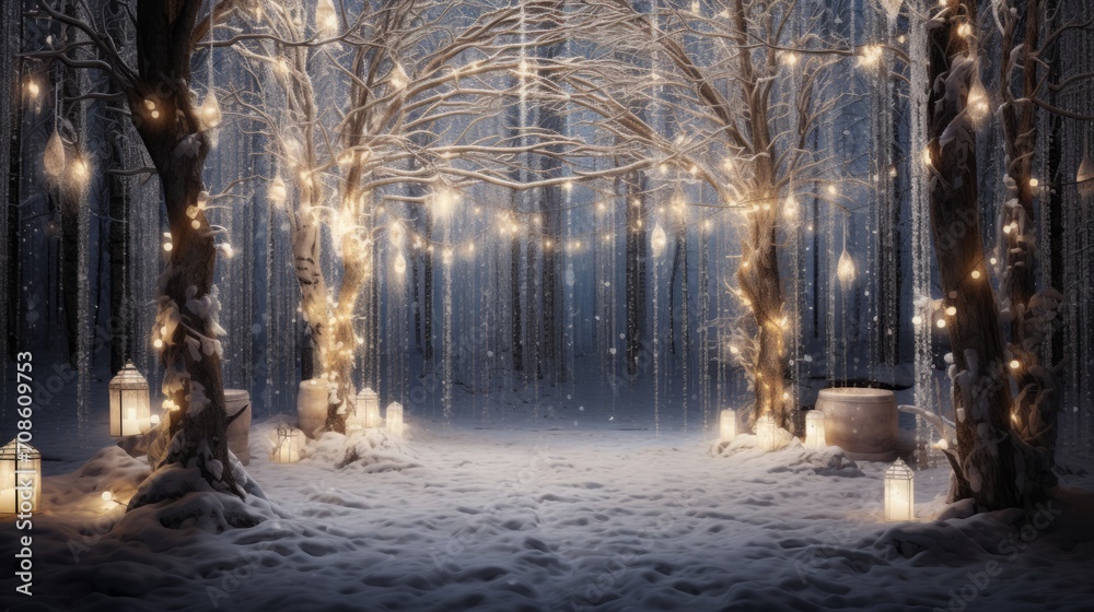 Magical winter forest theme with twinkling lights and decor