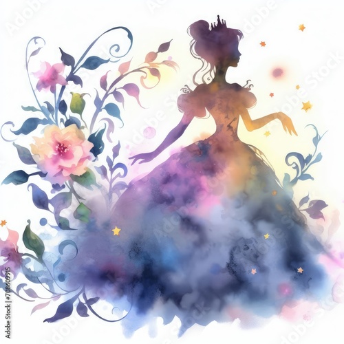 Princess silhouette  fairy with magic  bride with flowers.