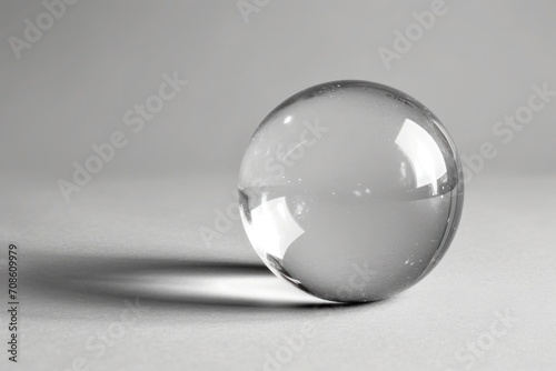 A transparent glass sphere with a clear reflection on a white backdrop, A single object against a plain background photo