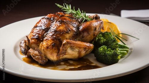 a roasted Cornish game hen, its golden-brown skin and tender meat showcased against the elegance of a spotless white canvas, inviting culinary delight. photo