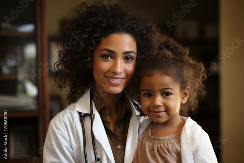 Doctor girl in medical uniform holds a child in her arms