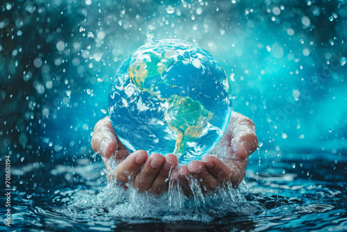 Hands take the Earth out of the water, World water day concept photo