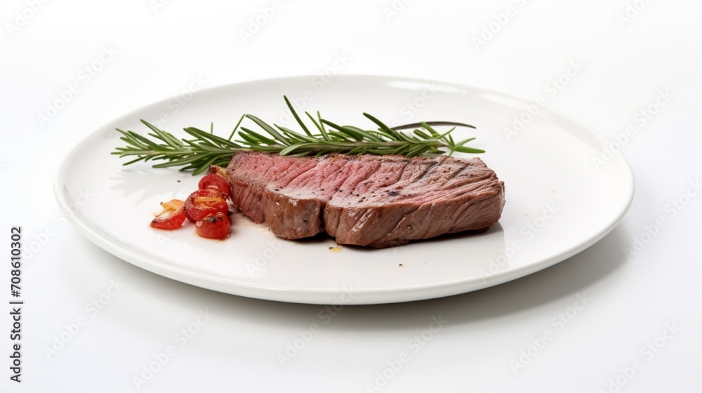 a rost beef in the plate on white background.