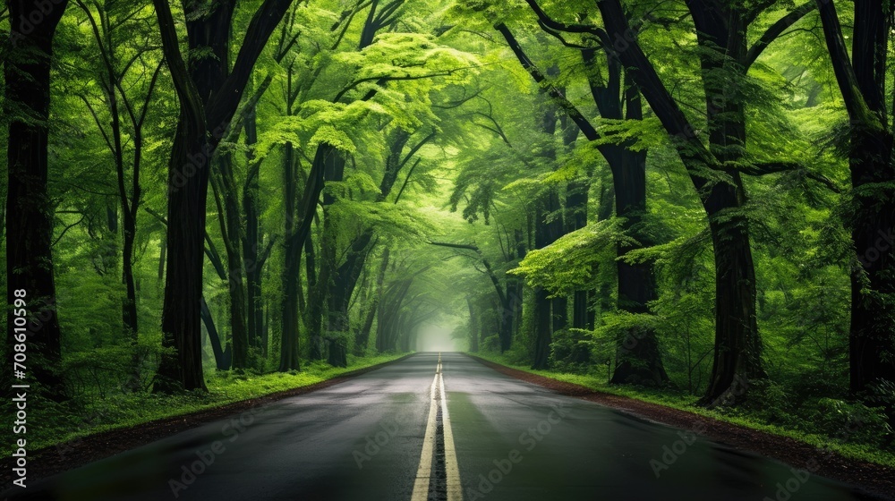 Naklejka premium a roadway winding through lush green trees, the natural splendor and serenity of the tree-lined path, creating an inviting and tranquil scene.