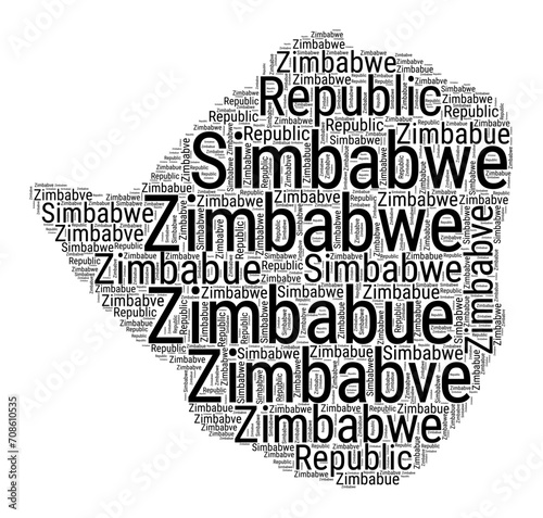 Black and white word cloud in Zimbabwe shape. Simple typography style country illustration. Plain Zimbabwe black text cloud on white background. Vector illustration.