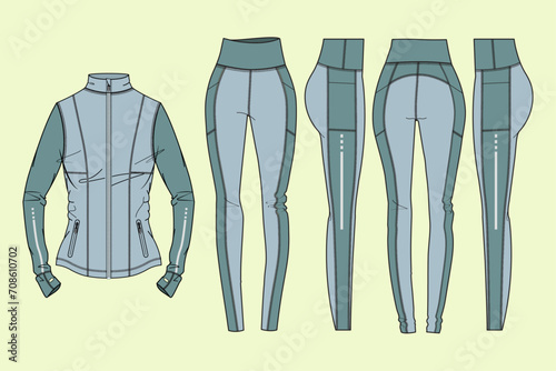 Funnel neck zip-through sweatshirt sports training leg slim trousers and long sleeve jacket flat technical template for your design. Front, back, and side view. Vector illustration. photo