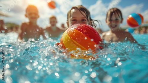 happy family in swimming pool throwing a beach ball to each other sunny day, lots of kids in water, photo