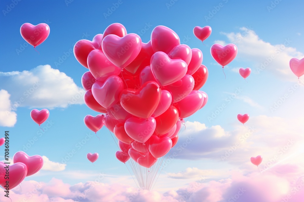 Heart-shaped balloons forming a charming spectacle in the sky.
