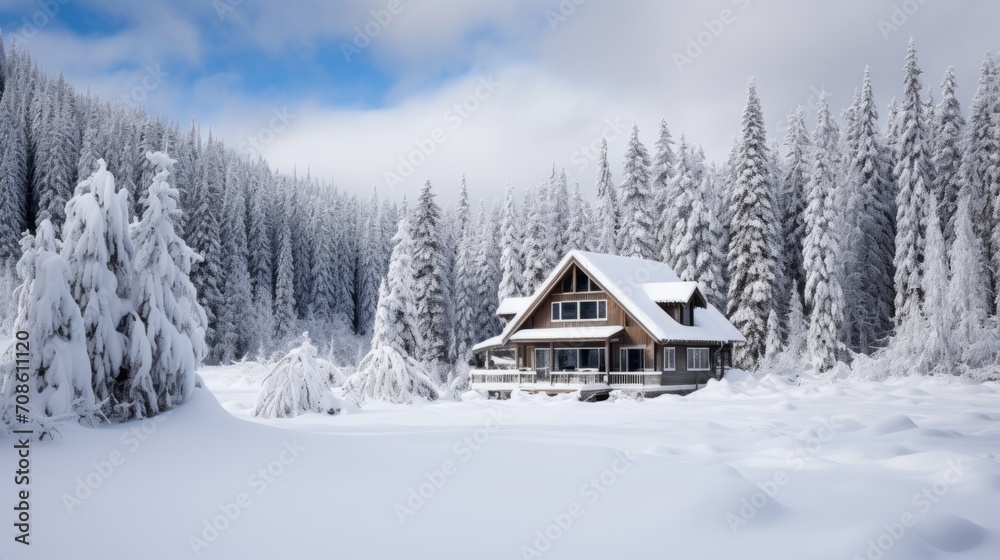 Serene mountain cabin surrounded by a blanket of snow Serene mountain cabin surrounded by a blanket of snow