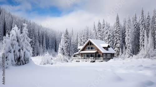 Serene mountain cabin surrounded by a blanket of snow © Cloudyew