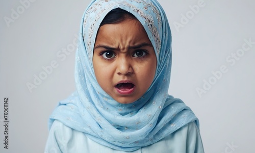 angry little muslim girl, small child, children's emotions, portrait of children, angry child photo