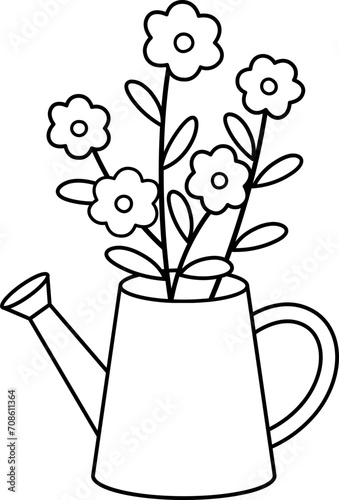 Flowers in Watering Can outline.
Cute watering can with flowers outline Vector.