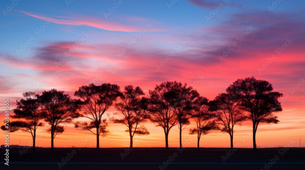 Silhouetted trees against a colorful sky during a serene sunset
