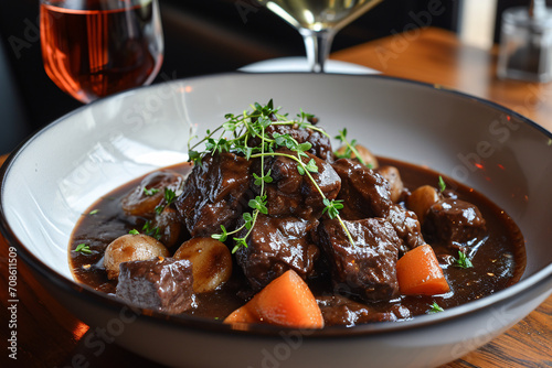Delicious food, fresh beef bourguignon at a restaurant, tasty dish