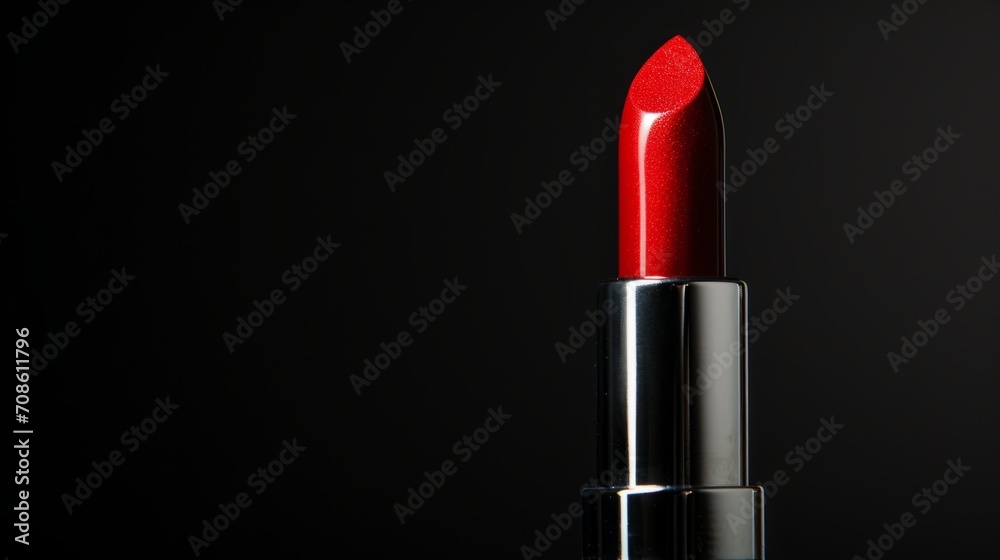 Obraz premium Closeup Red lipstick on a black background in beauty industry photography style